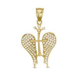 Cubic Zirconia Crown Accent Cross with Angel Wings Necklace Charm in 10K Gold