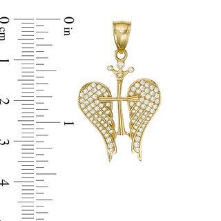 Cubic Zirconia Crown Accent Cross with Angel Wings Necklace Charm in 10K Gold