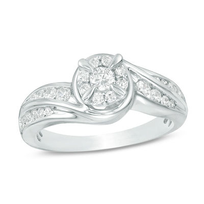1/2 CT. T.W. Diamond Frame Double Row Swirl Bypass Engagement Ring in Sterling Silver - Size 7