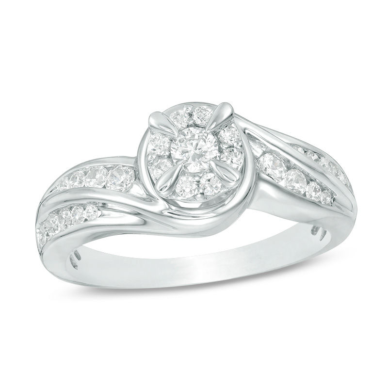 1/2 CT. T.W. Diamond Frame Double Row Swirl Bypass Engagement Ring in Sterling Silver - Size 7