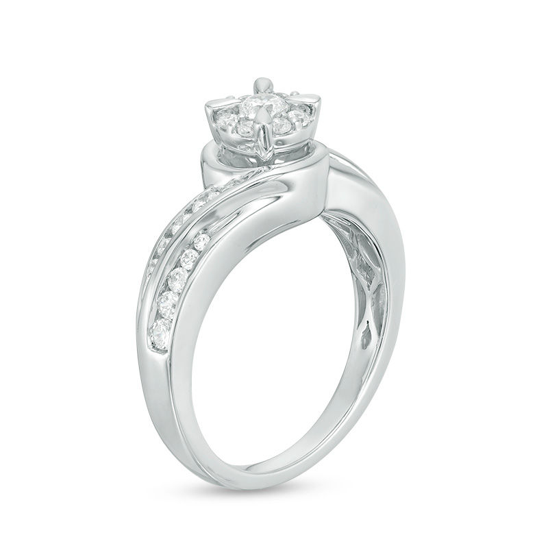 1/2 CT. T.W. Diamond Frame Double Row Swirl Bypass Engagement Ring in Sterling Silver - Size 7
