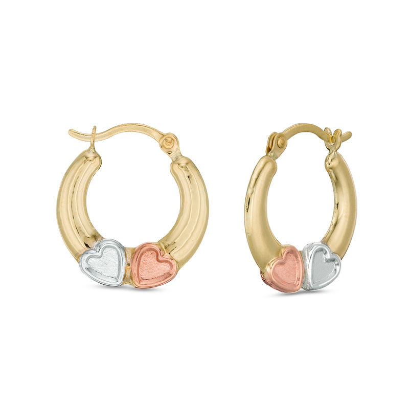 Main Image 1 of Child's Double Heart Hoop Earrings in 10K Tri-Tone Gold