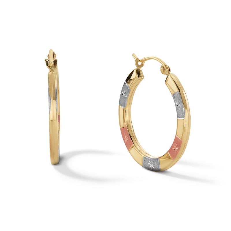 Diamond-Cut Stripe Hoop Earrings in 10K Stamp Hollow Tri-Tone Gold