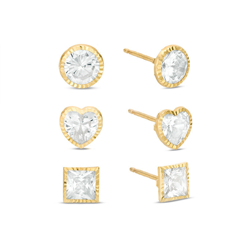 Multi-Shape Cubic Zirconia Diamond-Cut Frame Stud Earrings Set in 10K Gold