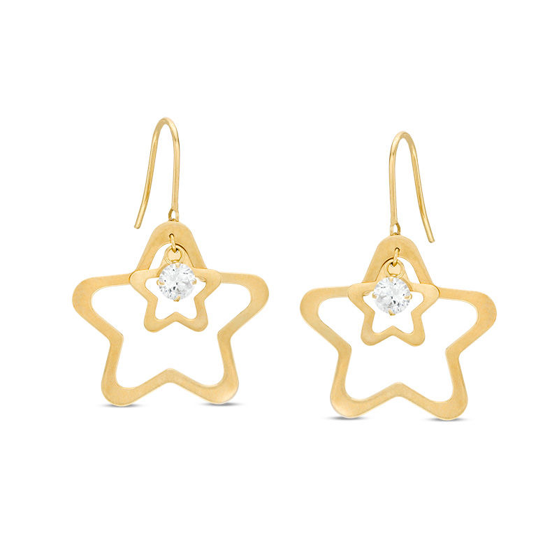 Main Image 1 of 4mm Cubic Zirconia Dangle and Double Open Star Drop Earrings in 10K Gold