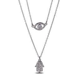 Cubic Zirconia Evil Eye and Hamsa Double Strand Necklace in Solid Sterling Silver