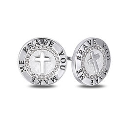 &quot;YOU MAKE ME BRAVE&quot; Bead Frame Cross Circle Stud Earrings in Sterling Silver