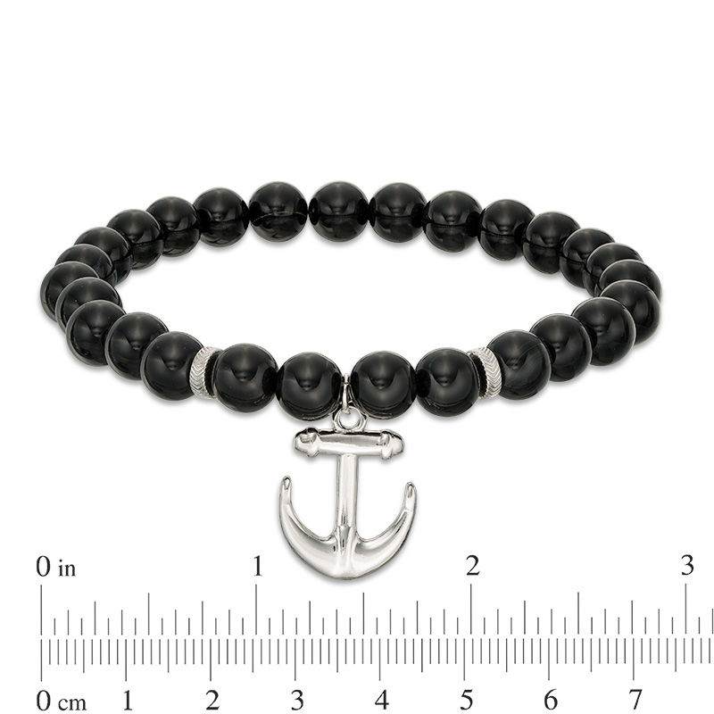 Main Image 2 of 8mm Simulated Onyx Bead and Anchor Charm Stretch Bracelet in Sterling Silver - 7.5"