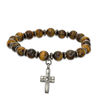 Thumbnail Image 1 of 8mm Simulated Tiger's Eye Bead and Cubic Zirconia Cross Charm Stretch Bracelet in Sterling Silver - 7.5"