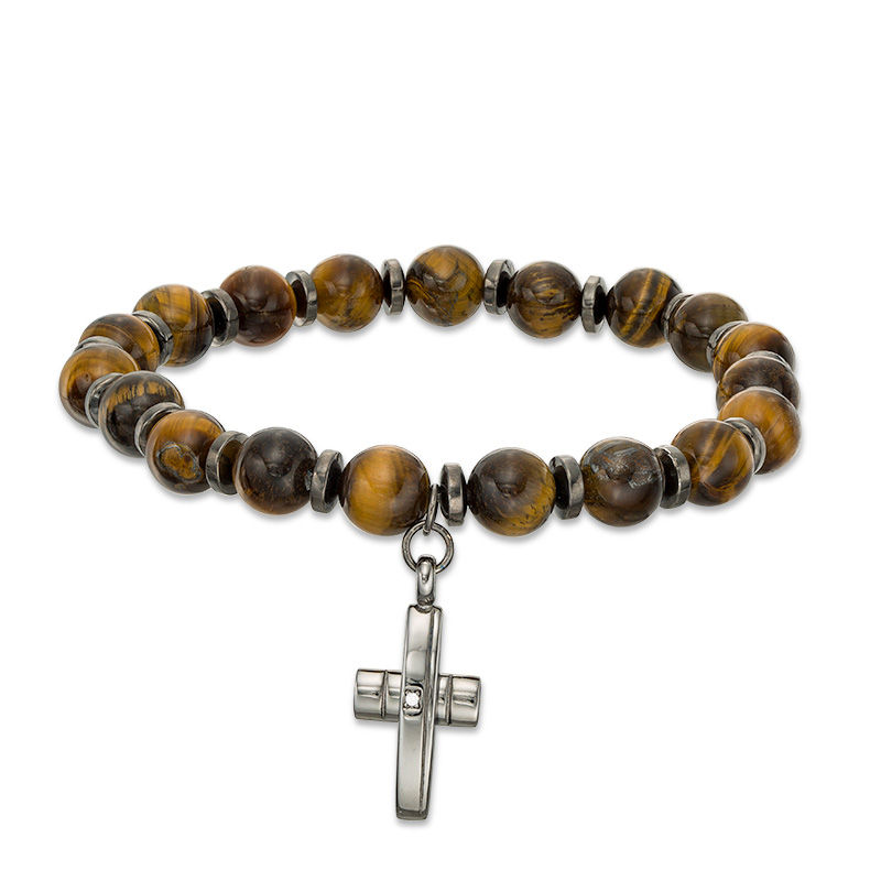 8mm Simulated Tiger's Eye Bead and Cubic Zirconia Cross Charm Stretch Bracelet in Sterling Silver - 7.5"