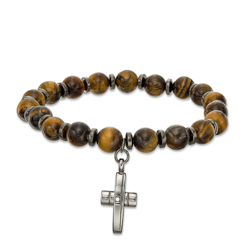 Main Image 1 of 8mm Simulated Tiger's Eye Bead and Cubic Zirconia Cross Charm Stretch Bracelet in Sterling Silver - 7.5"