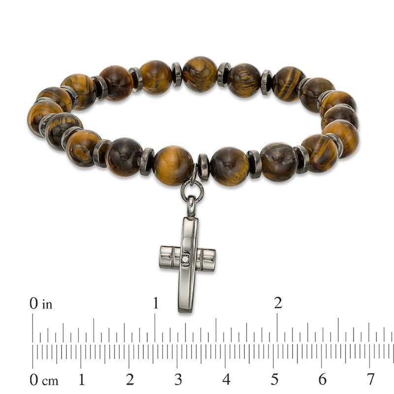 8mm Simulated Tiger's Eye Bead and Cubic Zirconia Cross Charm Stretch Bracelet in Sterling Silver - 7.5"