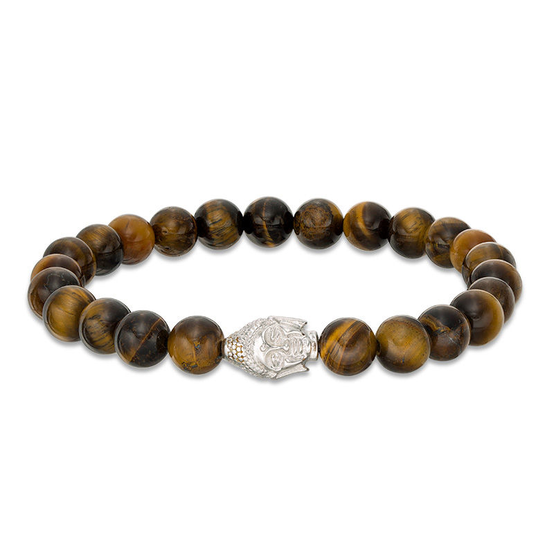 Main Image 1 of 8mm Simulated Tiger's Eye Bead and Sideways Buddha Head Stretch Bracelet in Sterling Silver - 7.5"