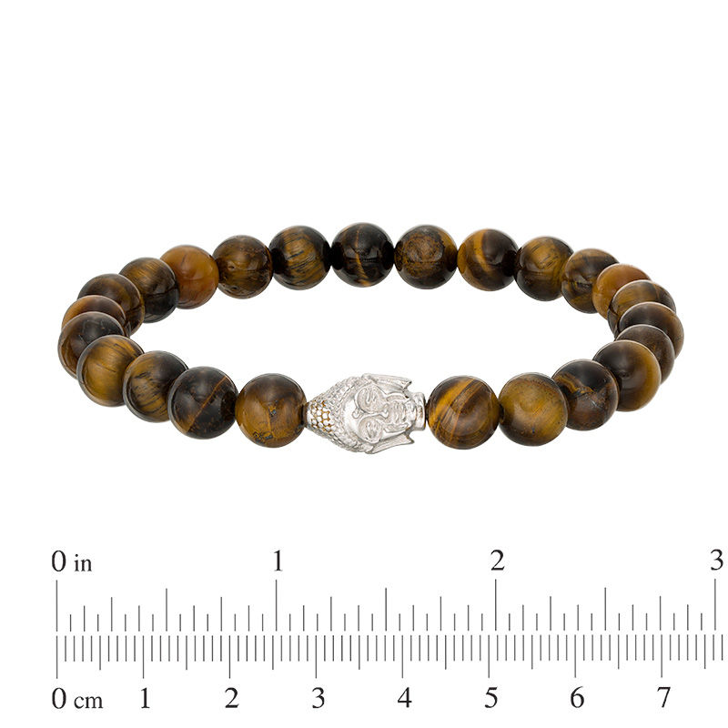 Main Image 2 of 8mm Simulated Tiger's Eye Bead and Sideways Buddha Head Stretch Bracelet in Sterling Silver - 7.5"