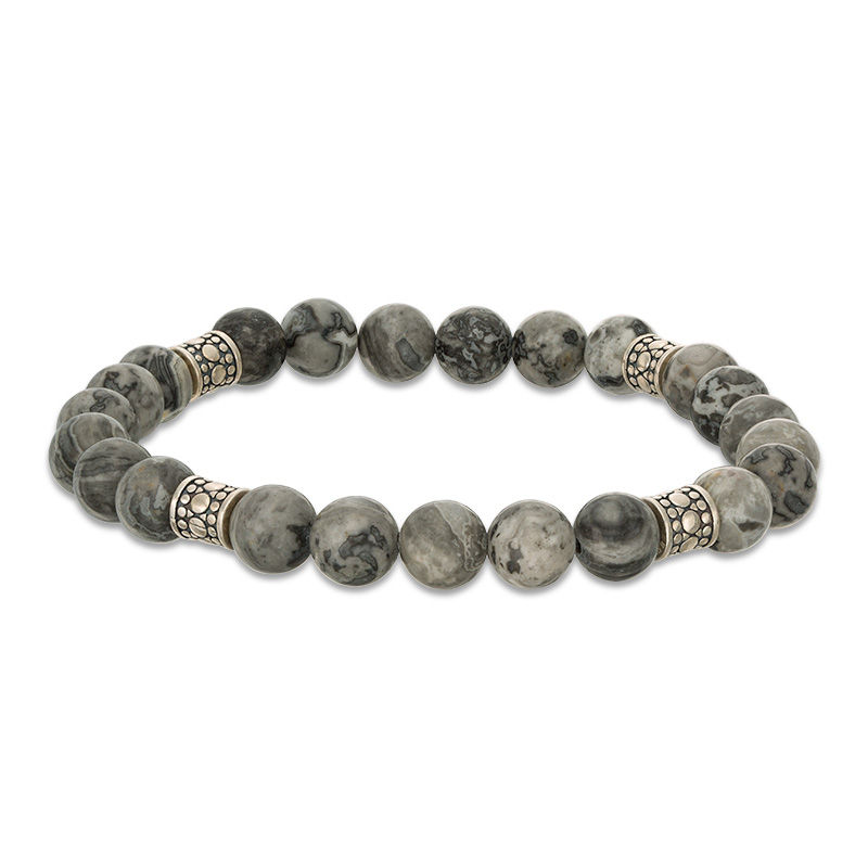 Main Image 1 of 8.2mm Simulated Grey Jasper and Ornate Bead Station Stretch Bracelet in Sterling Silver - 7.5"