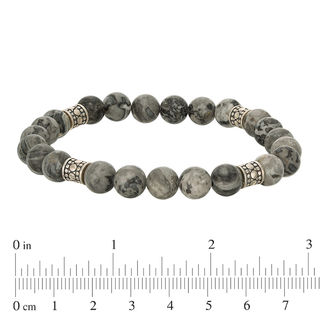 8.2mm Simulated Grey Jasper and Ornate Bead Station Stretch Bracelet in Sterling Silver - 7.5"
