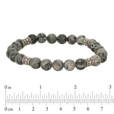 8.2mm Simulated Grey Jasper and Ornate Bead Station Stretch Bracelet in Sterling Silver - 7.5"