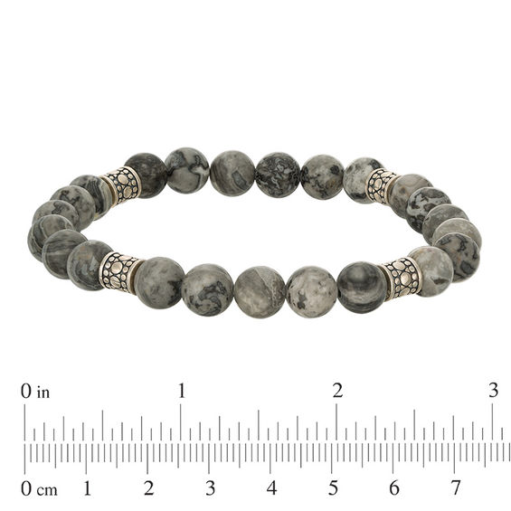 8.2mm Simulated Grey Jasper and Ornate Bead Station Stretch Bracelet in Sterling Silver - 7.5"