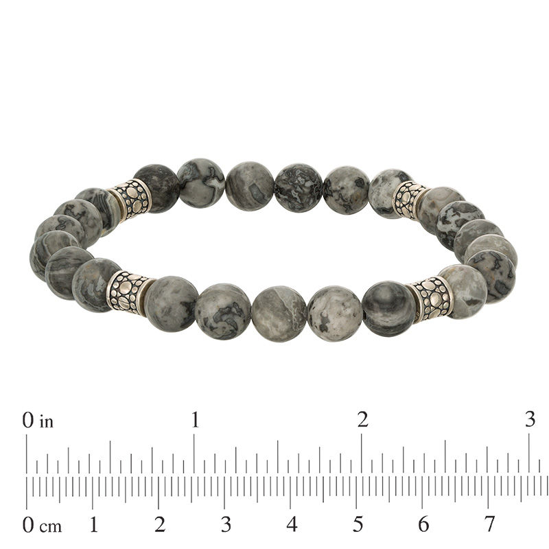 Main Image 2 of 8.2mm Simulated Grey Jasper and Ornate Bead Station Stretch Bracelet in Sterling Silver - 7.5"