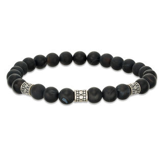 8mm Simulated Onyx and Ornate Oxidized Bead Station Stretch Bracelet in Sterling Silver - 7.5"