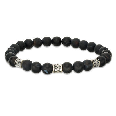 8mm Simulated Onyx and Ornate Oxidized Bead Station Stretch Bracelet in Sterling Silver - 7.5"