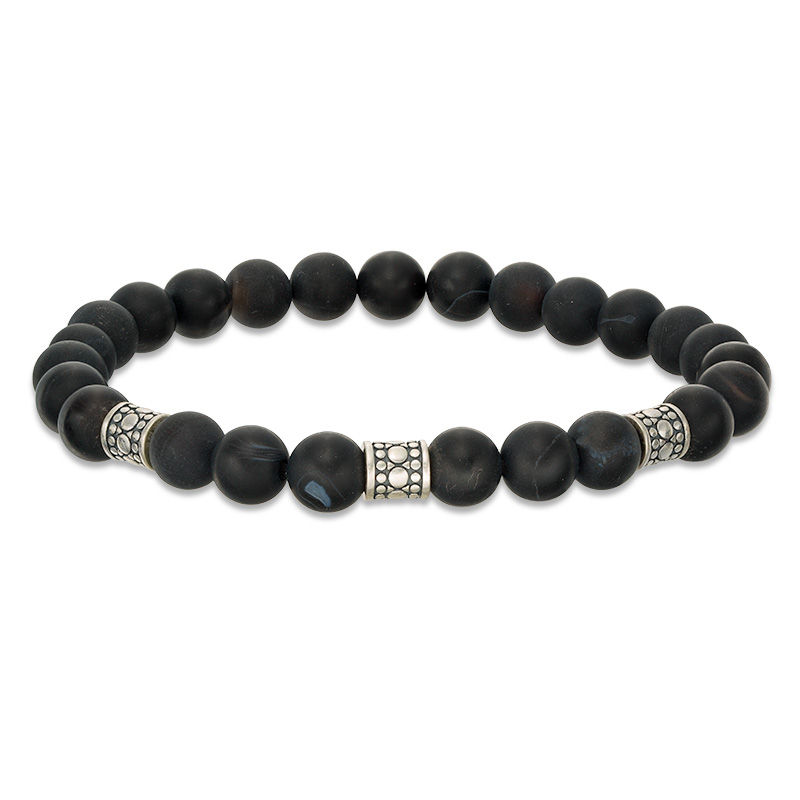 8mm Simulated Onyx and Ornate Oxidized Bead Station Stretch Bracelet in Sterling Silver - 7.5"