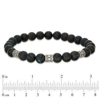 8mm Simulated Onyx and Ornate Oxidized Bead Station Stretch Bracelet in Sterling Silver - 7.5"