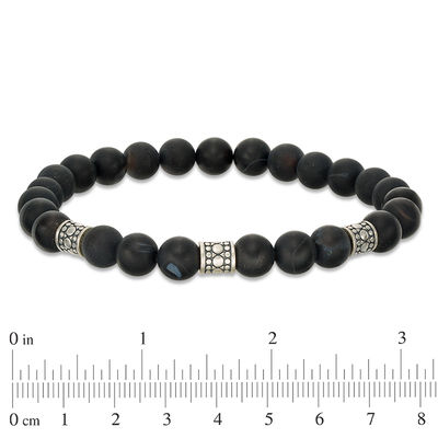 8mm Simulated Onyx and Ornate Oxidized Bead Station Stretch Bracelet in Sterling Silver - 7.5"