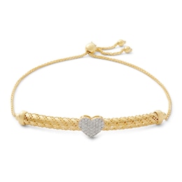 Cubic Zirconia Heart Cluster Mesh Bolo Bracelet in 10K Solid Gold - 9&quot;