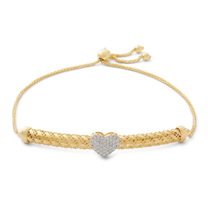 Cubic Zirconia Heart Cluster Mesh Bolo Bracelet in 10K Solid Gold - 9"