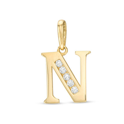 10K Solid Gold CZ Channel "N" Initial Necklace Charm