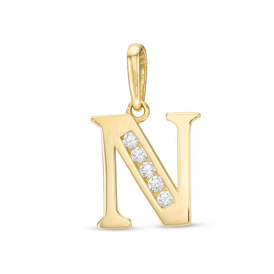 10K Solid Gold CZ Channel "N" Initial Necklace Charm
