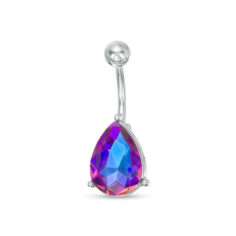 014 Gauge Pear-Shaped Iridescent Crystal Belly Button Ring in Stainless Steel