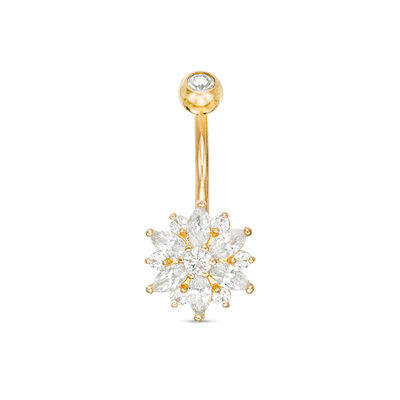 014 Gauge Marquise and Round Cubic Zirconia with Crystal Flower Belly Button Ring in Stainless Steel with Yellow IP