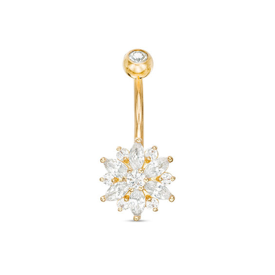 014 Gauge Marquise and Round Cubic Zirconia with Crystal Flower Belly Button Ring in Stainless Steel with Yellow IP