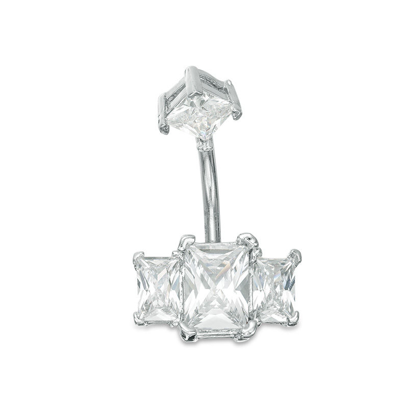 Main Image 1 of 014 Gauge Baguette and Princess Cubic Zirconia Three Stone Belly Button Ring in Stainless Steel