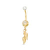Thumbnail Image 1 of 014 Gauge 8mm Iridescent Crystal and Faux Pearl Angel Wings Dangle Belly Button Ring in Stainless Steel with Yellow IP