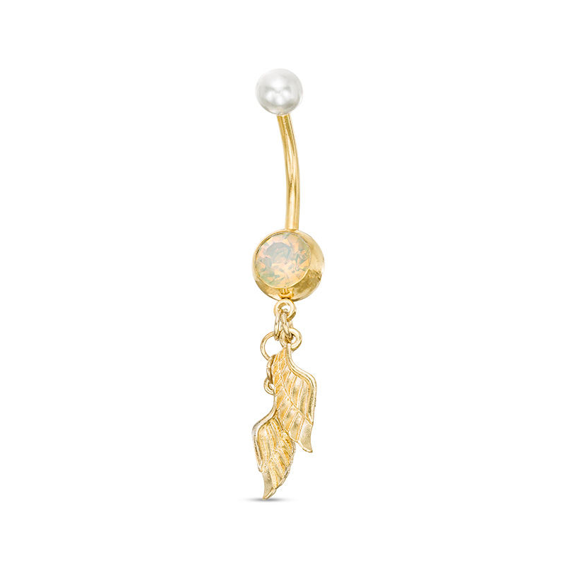 Main Image 1 of 014 Gauge 8mm Iridescent Crystal and Faux Pearl Angel Wings Dangle Belly Button Ring in Stainless Steel with Yellow IP