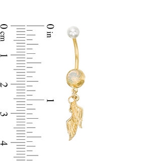 014 Gauge 8mm Iridescent Crystal and Faux Pearl Angel Wings Dangle Belly Button Ring in Stainless Steel with Yellow IP