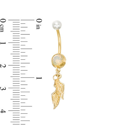 014 Gauge 8mm Iridescent Crystal and Faux Pearl Angel Wings Dangle Belly Button Ring in Stainless Steel with Yellow IP