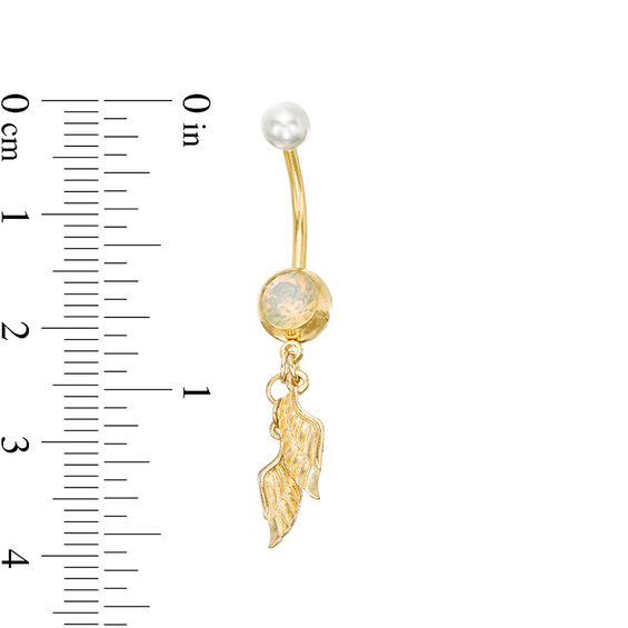 014 Gauge 8mm Iridescent Crystal and Faux Pearl Angel Wings Dangle Belly Button Ring in Stainless Steel with Yellow IP