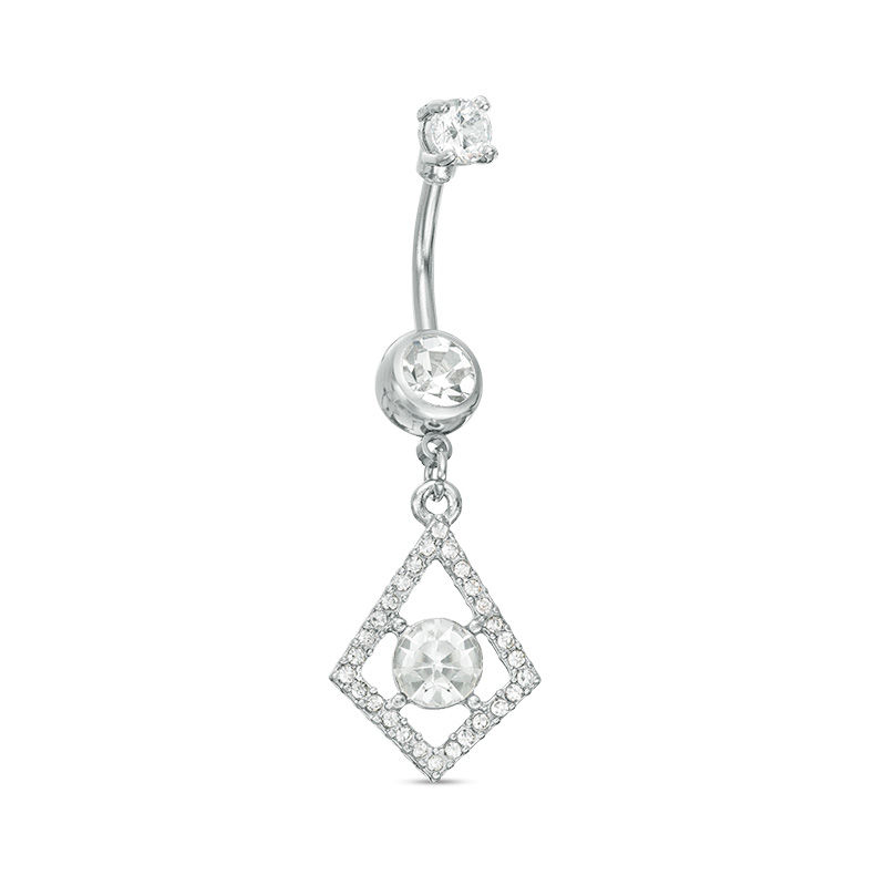 014 Gauge Cubic Zirconia and Crystal Geometric Frame Dangle Belly Button Ring in Stainless Steel