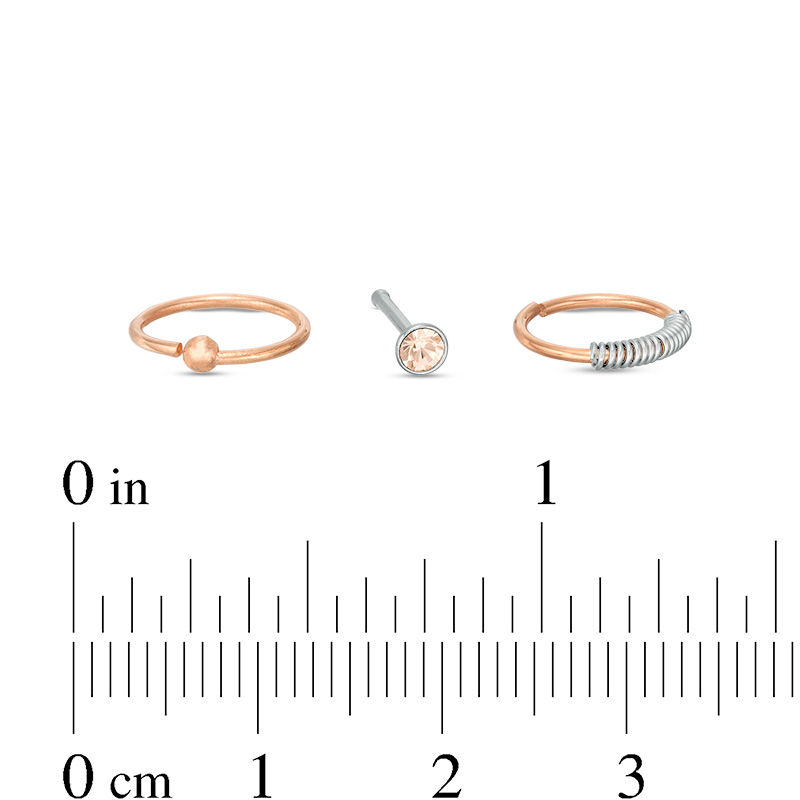 020 Gauge Pink Crystal Nose Ring and Stud Set in Stainless Steel and Rose IP