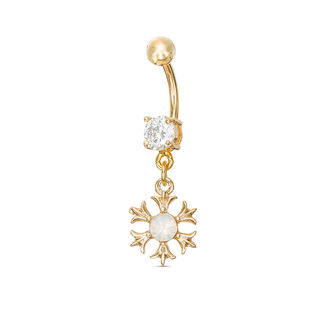 014 Gauge 8mm Cubic Zirconia and Simulated Opal Flower Dangle Belly Button Ring in Stainless Steel with Yellow IP