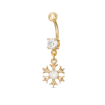 014 Gauge 8mm Cubic Zirconia and Simulated Opal Flower Dangle Belly Button Ring in Stainless Steel with Yellow IP