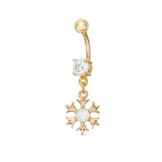 014 Gauge 8mm Cubic Zirconia and Simulated Opal Flower Dangle Belly Button Ring in Stainless Steel with Yellow IP
