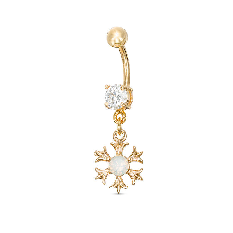 Main Image 1 of 014 Gauge 8mm Cubic Zirconia and Simulated Opal Flower Dangle Belly Button Ring in Stainless Steel with Yellow IP