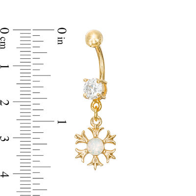014 Gauge 8mm Cubic Zirconia and Simulated Opal Flower Dangle Belly Button Ring in Stainless Steel with Yellow IP