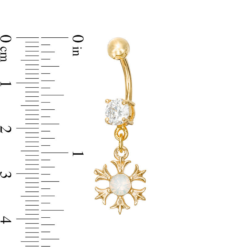 Main Image 2 of 014 Gauge 8mm Cubic Zirconia and Simulated Opal Flower Dangle Belly Button Ring in Stainless Steel with Yellow IP