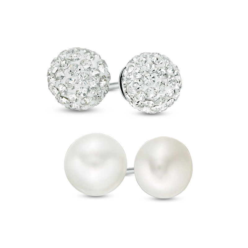 Honora 8 - 9mm Cultured Freshwater Pearl and Crystal Ball Stud Earrings Set in Sterling Silver